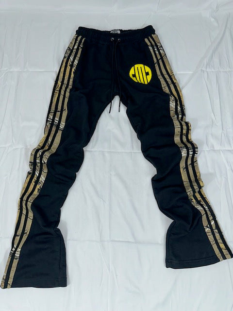 Camo and yellow stacked flare pants