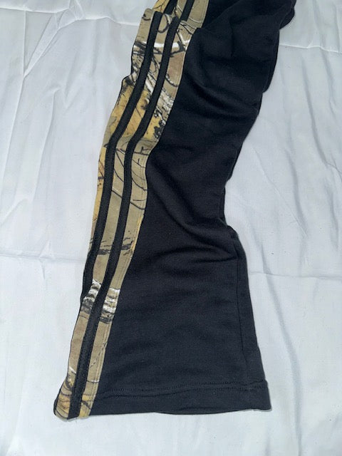 Camo and yellow stacked flare pants