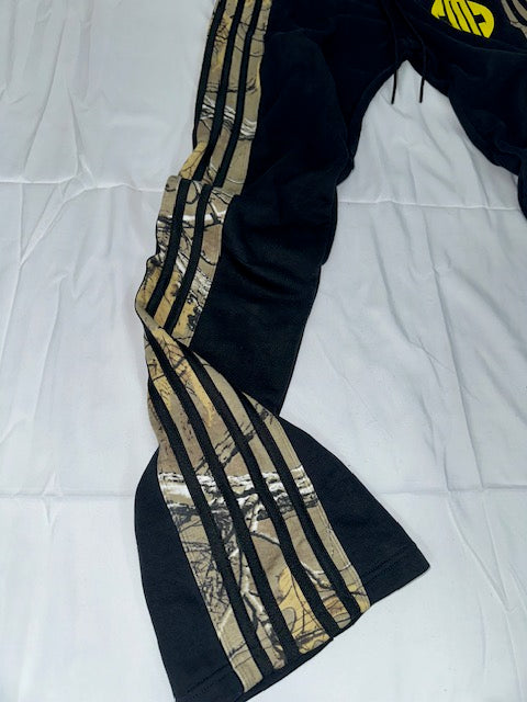 Camo and yellow stacked flare pants